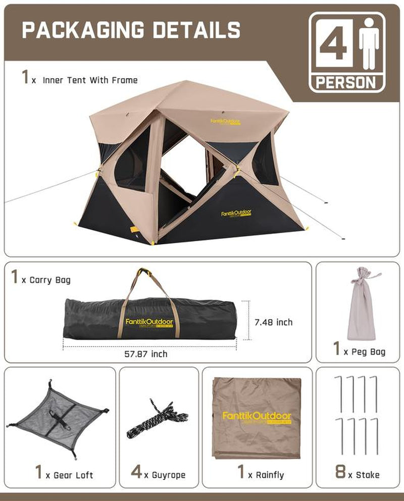 Fanttik Outdoor Zeta C4/C6 Pro Instant Cabin Tent 4/6 Person Portable Waterproof with Removable Canopy, Windproof, and High-Quality Materials Camping Equipment Spacious Interior